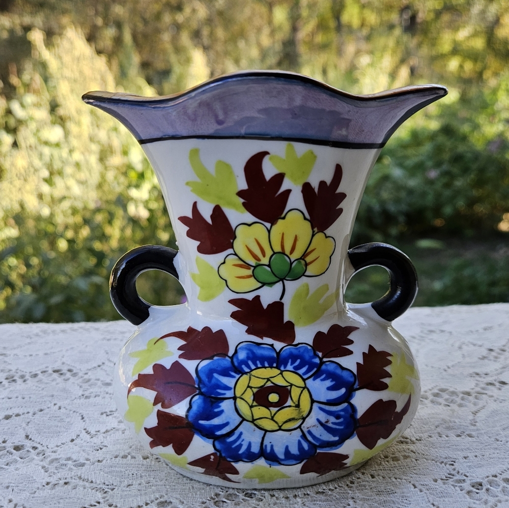 Vintage Japan Made Luster Ware Vase Big Colorful Flower Handpainted Blue Orange